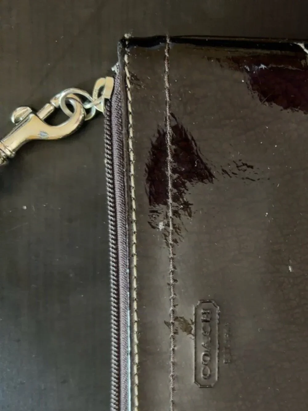 Coach Patent Leather Wristlet – Dark Brown/Burgundy